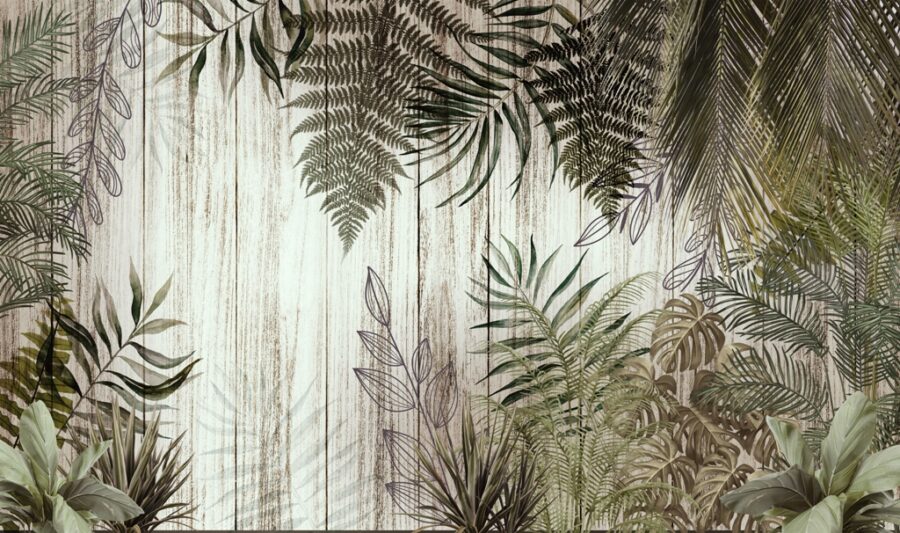 Nástěnná malba s motivem dřevěných prken s tropickými zelenými listy, zajímavá kompozice a příjemná pro smysly pro moderní interiéry Kapradinové listy - obrázek číslo 2