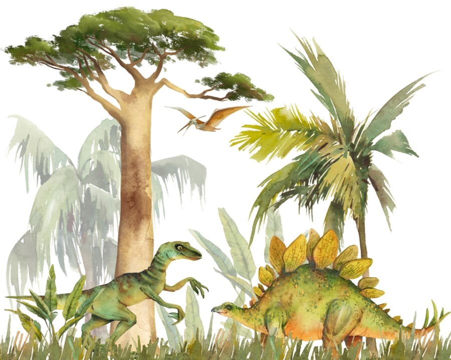 Fototapeta v teplé zelené a šedé barvě pro dětský pokoj Happy Dinosaurs - obrázek číslo 2