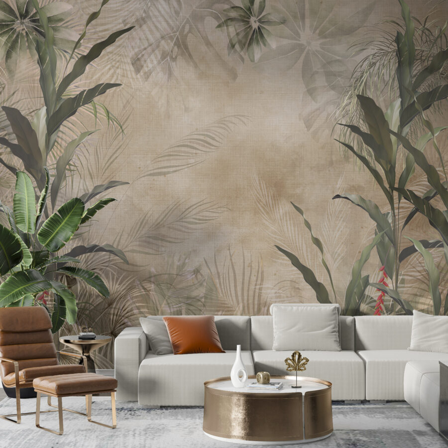 Nástěnná malba s tradičním motivem exotických rostlin na nestejnoměrném béžovém pozadí Green Leaves in Sepia - hlavní obrázek produktu
