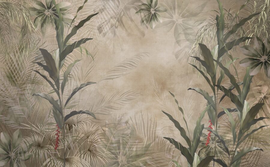 Nástěnná malba s tradičním motivem exotických rostlin na nestejnoměrném béžovém pozadí Zelené listy v sépiové barvě - obrázek číslo 2