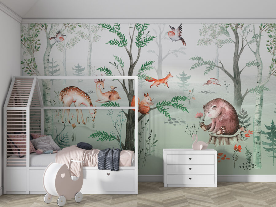 Fototapeta ve veselých barvách s pohádkovým lesem ideální pro dítě Lesní zvířata - hlavní obrázek produktu