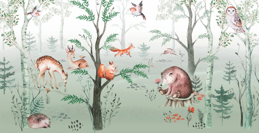 Fototapeta w wesołych kolorach z bajkowym lasem idealna dla dziecka Zwierzęta Leśne - zdjęcie numer 2