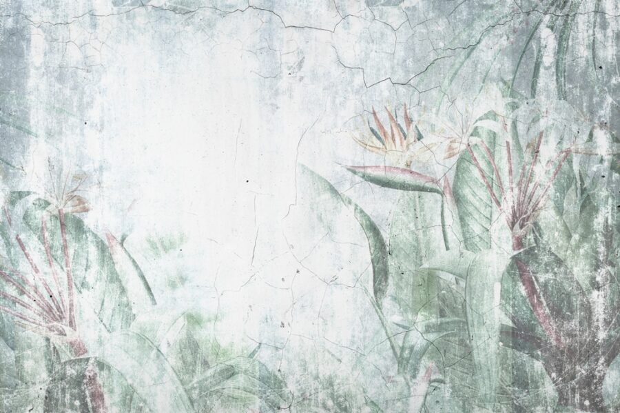 Nástěnná malba exotické květiny na zchátralé a popraskané fasádě Bývalý lesk Strelitzia - Obrázek 2