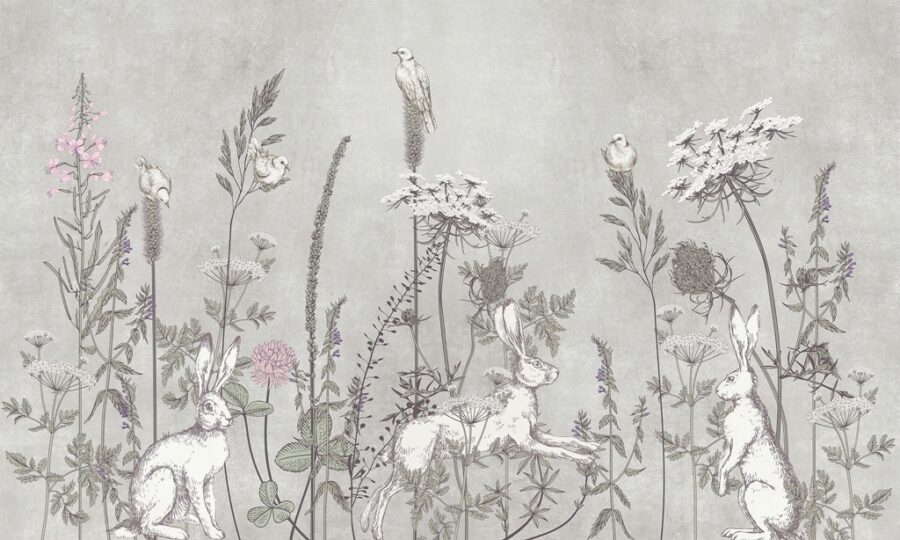 Nástěnná malba v bílé a šedé barvě s květinovým a zvířecím motivem Holubi a zajíci - obrázek číslo 2