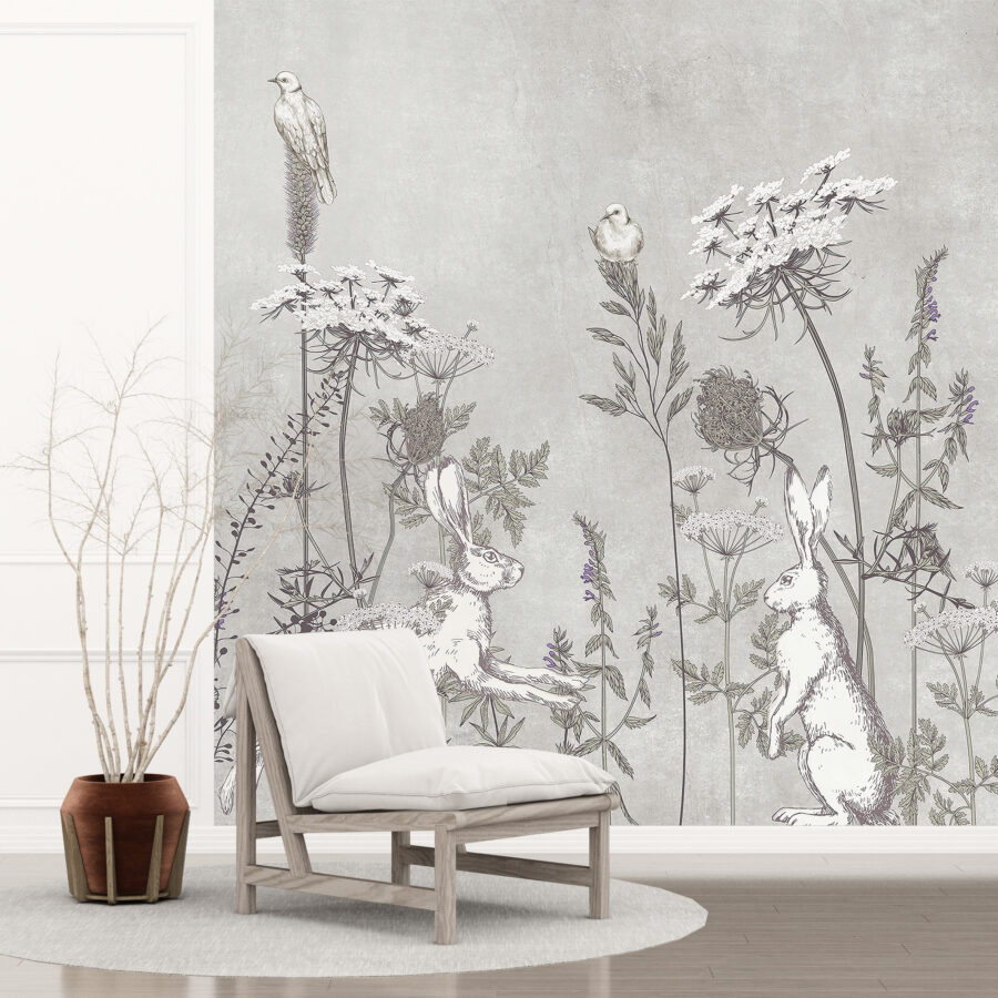 Nástěnná malba v bílé a šedé barvě s motivem květin a zvířat Holubi a zajíci - hlavní obrázek produktu