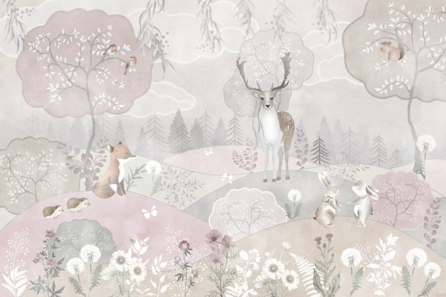 Nástěnná malba v jemných odstínech růžové a šedé s motivem lesa ideální do dětského pokoje Bright Forest - obrázek číslo 2