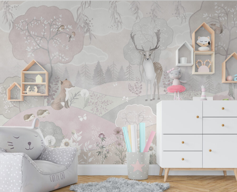 Nástěnná malba v jemných odstínech růžové a šedé s motivem lesa ideální do dětského pokoje Bright Forest - hlavní obrázek produktu