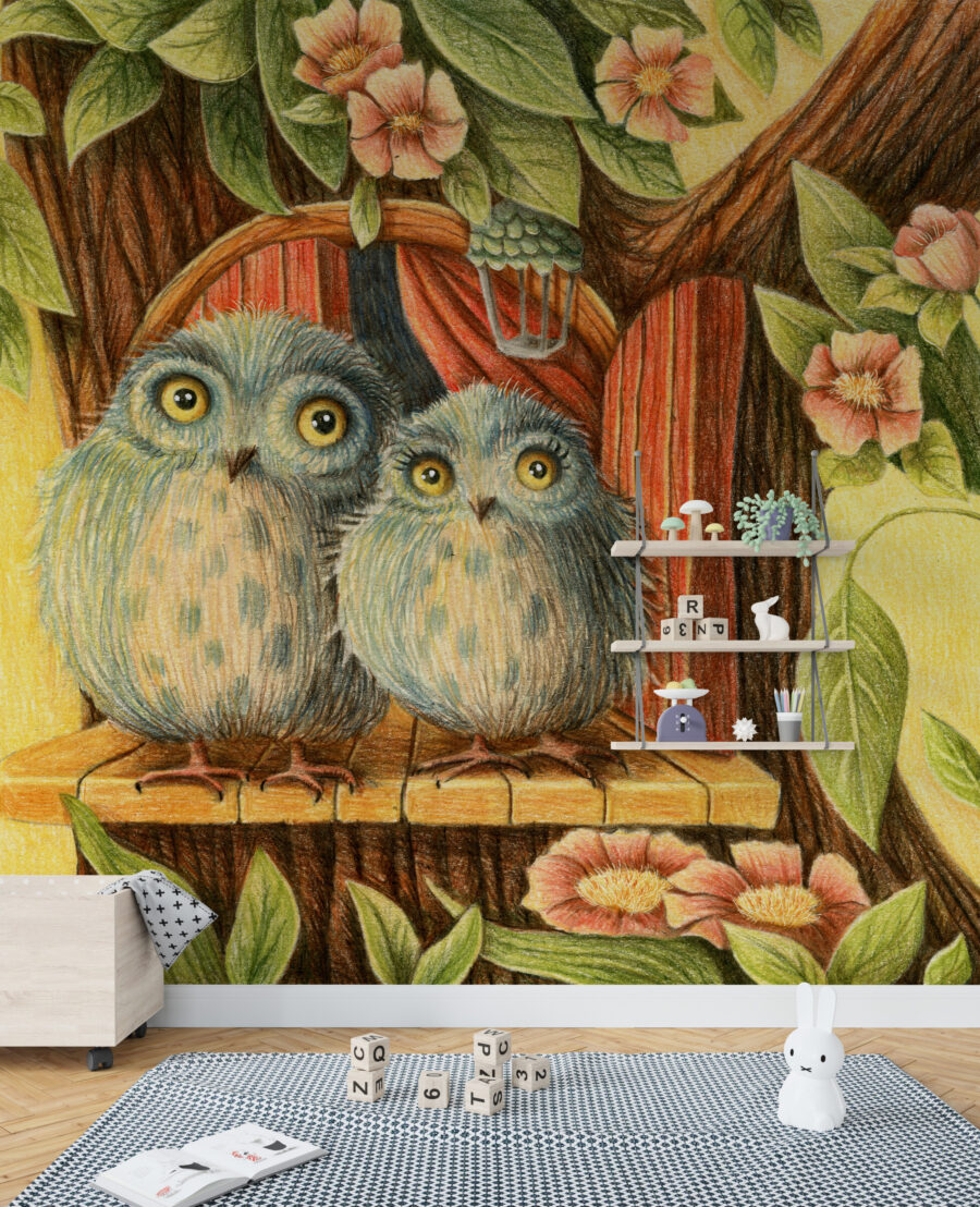 Nástěnná ilustrace v teplých barvách s motivem dvojice ptáků před dutými dveřmi Colourful Bird Drawing - hlavní obrázek produktu