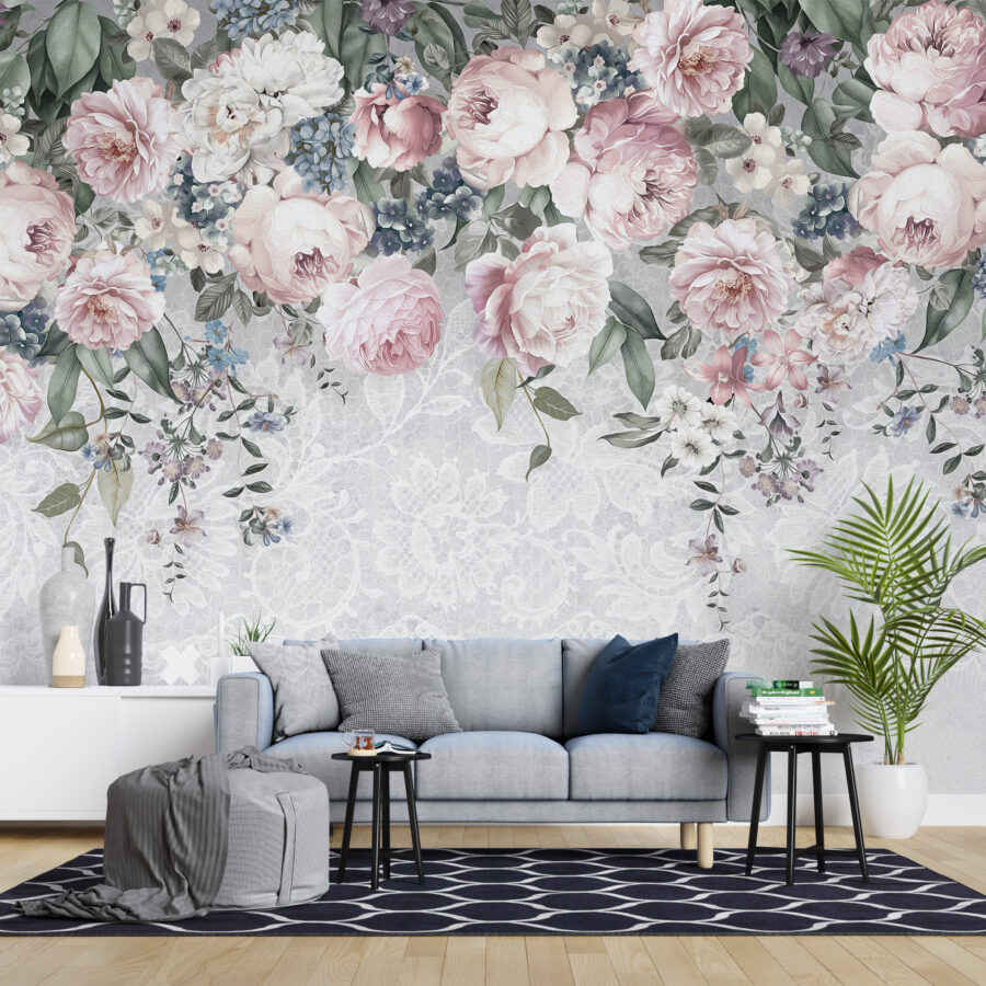 Fototapeta v romantickém stylu, jemné barvy ideální do obývacího pokoje Kompozice pivoněk - hlavní obrázek produktu