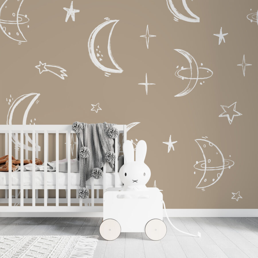 Nástěnná malba v teplé béžové a bílé barvě vhodná pro děti Měsíc a hvězdy - hlavní obrázek produktu