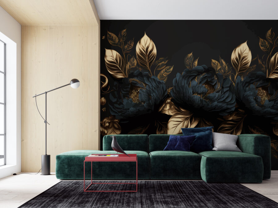 Nástěnná malba s velkými květy pivoněk v neobvyklých tmavých barvách, elegantní a zajímavá Granátové jablko a zlatý květ - hlavní obrázek produktu