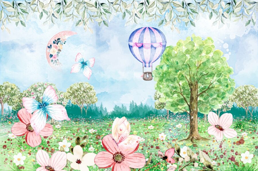 Nástěnná malba ve veselých barvách v jarním klimatu Květiny a motýli - obrázek číslo 2