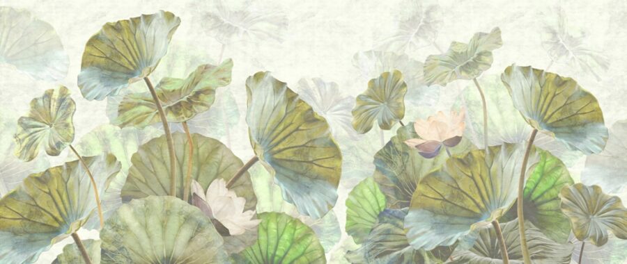 Nástěnná malba velkých zelených listů na neutrálním šedém pozadí Les vodních listů - obrázek číslo 2