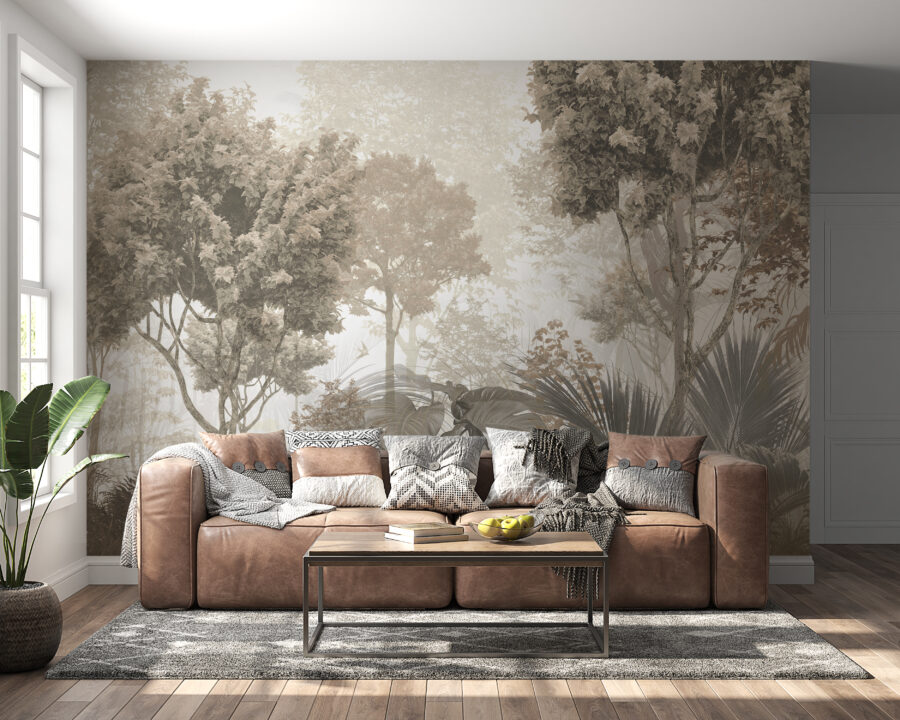 Nástěnná malba v tlumených hnědých a šedých barvách s exotickou flórou Forest in Sepia - hlavní obrázek produktu