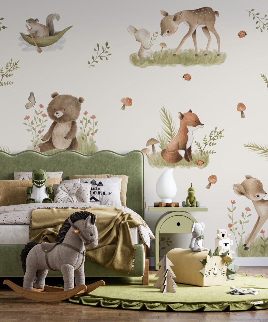 Nástěnná malba s veselými lesními zvířaty na světlém pozadí Lesní zvířata - hlavní obrázek produktu