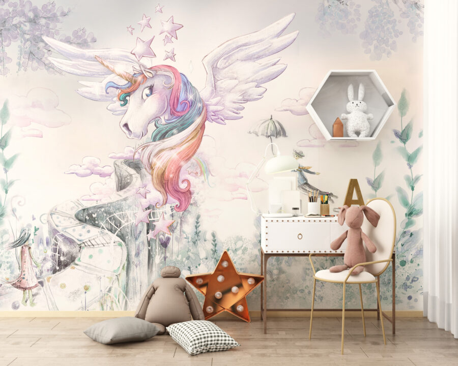 Fototapeta v sladkých barvách s pohádkovým motivem ideální do dívčího pokoje Little Unicorn - hlavní obrázek produktu