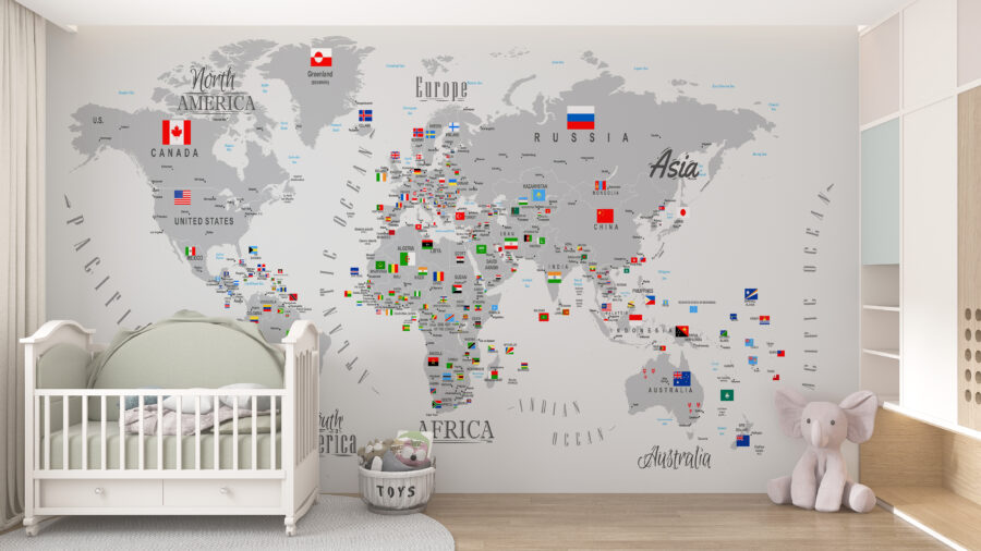 Nástěnná malba pro milovníky zeměpisu s barevnými vlajkami na šedých kontinentech Mapa světa s vlajkami - hlavní obrázek produktu