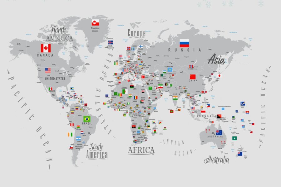 Nástěnná malba pro milovníky zeměpisu s barevnými vlajkami na šedých kontinentech Mapa světa s vlajkami - obrázek číslo 2