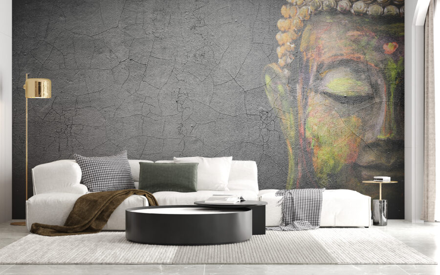 Nástěnná malba v moderním stylu s fragmentem obličeje na šedém betonovém pozadí Young Buddha - hlavní obrázek produktu