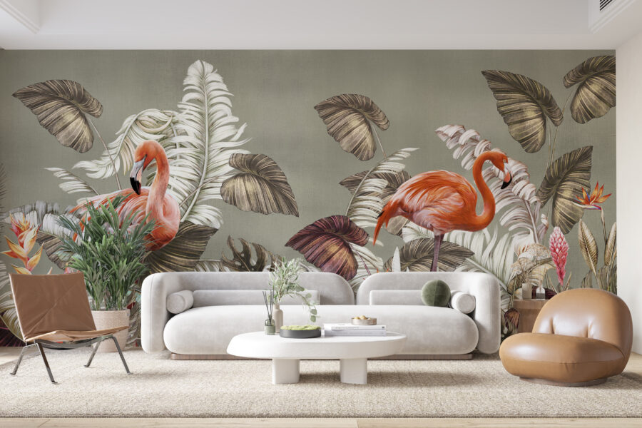 Nástěnná malba v podobě moderní vizualizace s tropickým motivem ve výrazných barvách Pár plameňáků - hlavní obrázek produktu