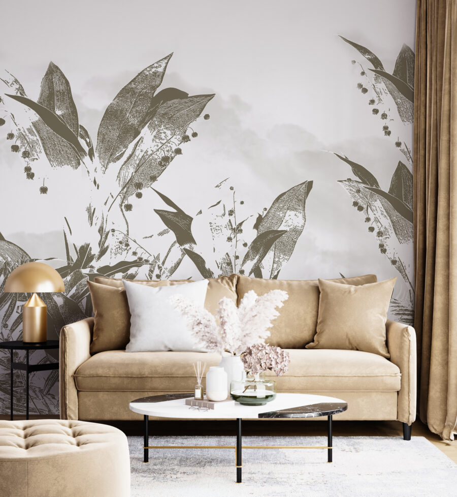 Nástěnná malba v různých odstínech šedé s motivem listů skrytých pod vrstvou barvy Špatně viditelné rostliny - hlavní obrázek produktu