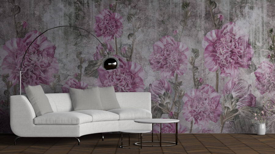 Fototapeta v boho stylu s řadou květin na šedém nerovnoměrném pozadí Pink Carnations - hlavní obrázek produktu