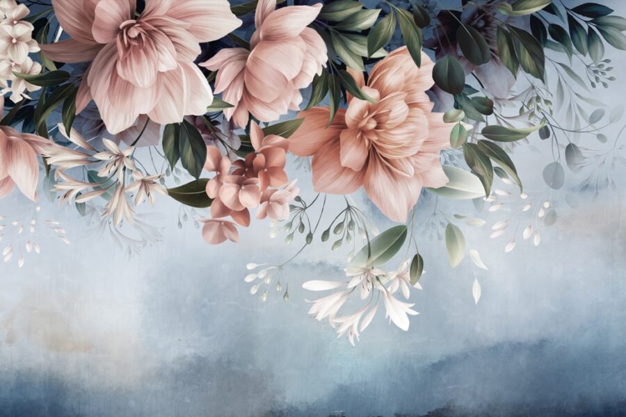 Nástěnná malba v živých barvách s velkými květy na modrém pozadí Růžové květy - číslo obrázku 2