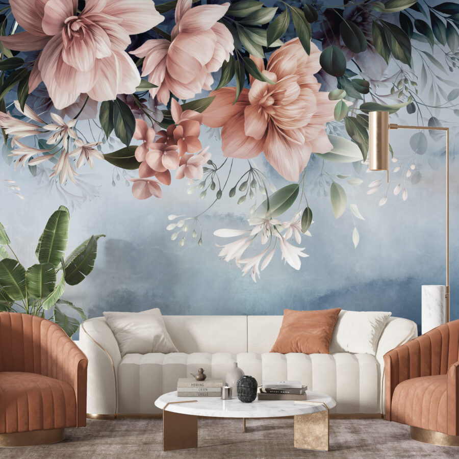 Nástěnná malba v živých barvách s velkými květy na modrém pozadí Pink Flowers - hlavní obrázek produktu