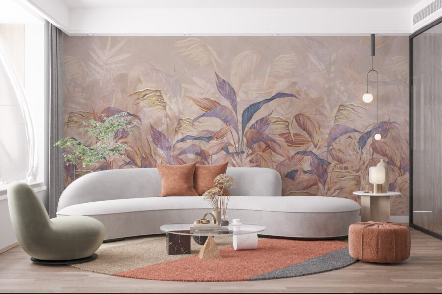 Fototapeta s exotickým květinovým motivem v teplých ženských barvách ideální do obývacího pokoje nebo ložnice Pink Leaf Thicket - hlavní obrázek produktu