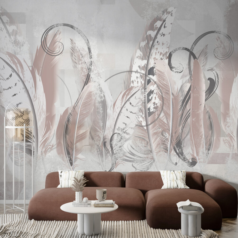 Nástěnná malba v jemné bílé, šedé a růžové barvě, ideální pro zateplení interiéru Wall in Feathers - hlavní obrázek produktu