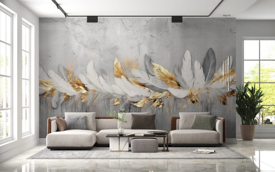 Nástěnná malba v moderním designu s bílým šedým a zlatým peřím uspořádaným do copu Tangled Feathers - hlavní obrázek produktu