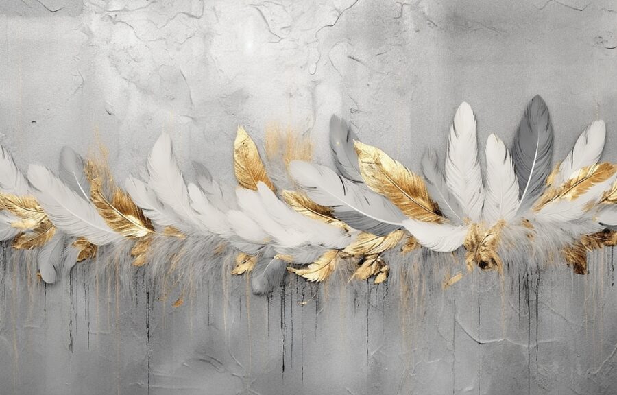 Nástěnná malba v moderním designu s bílým šedým a zlatým peřím uspořádaným do copu Tangled Feathers - obrázek číslo 2