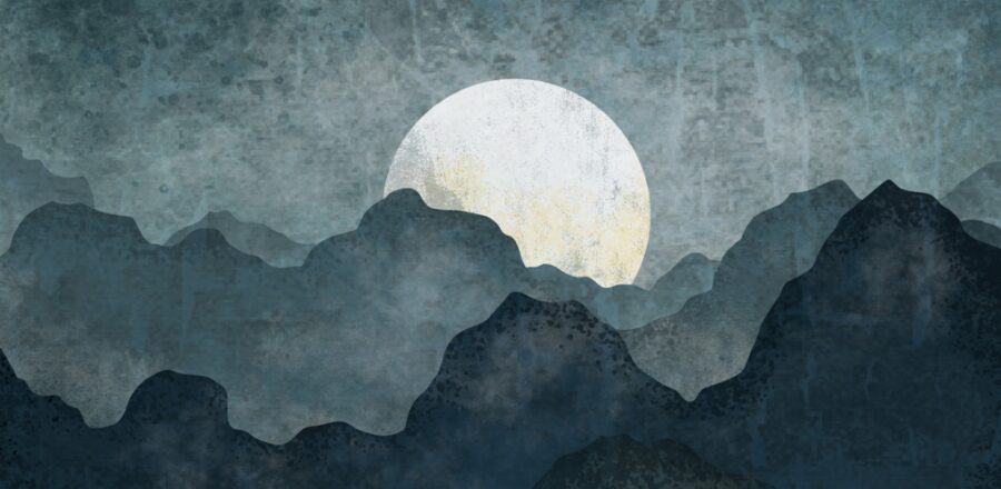 Fototapeta w ciemnej kolorystyce z wysokimi górami i pełnią Księżyca idealna do salonu bądź sypialni Srebrny Księżyc - zdjęcie numer 2