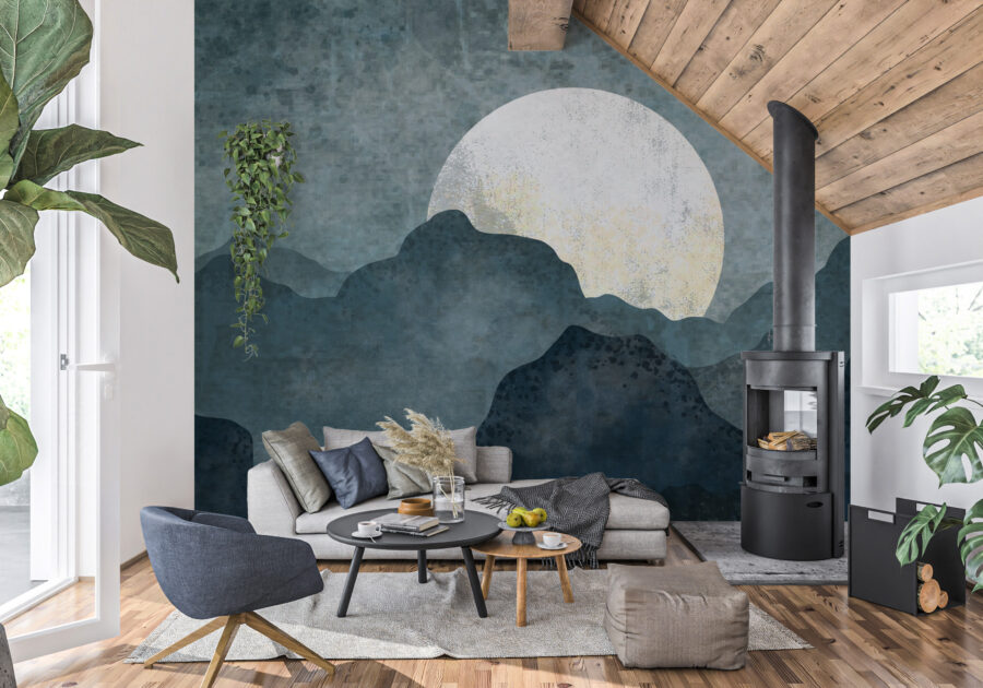 Fototapeta v tmavých barvách s vysokými horami a úplňkem ideální do obývacího pokoje nebo ložnice Silver Moon - hlavní obrázek produktu