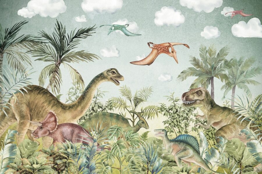 Fototapeta w wesołych kolorach z jurajskim krajobrazem dla małych wielbicieli przyrody Świat Dinozaurów - zdjęcie numer 2