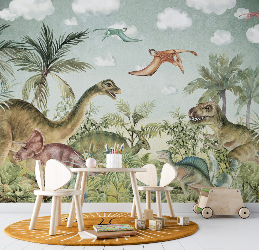 Fototapeta ve veselých barvách s jurskou krajinou pro malé milovníky přírody World of Dinosaurs - hlavní obrázek produktu