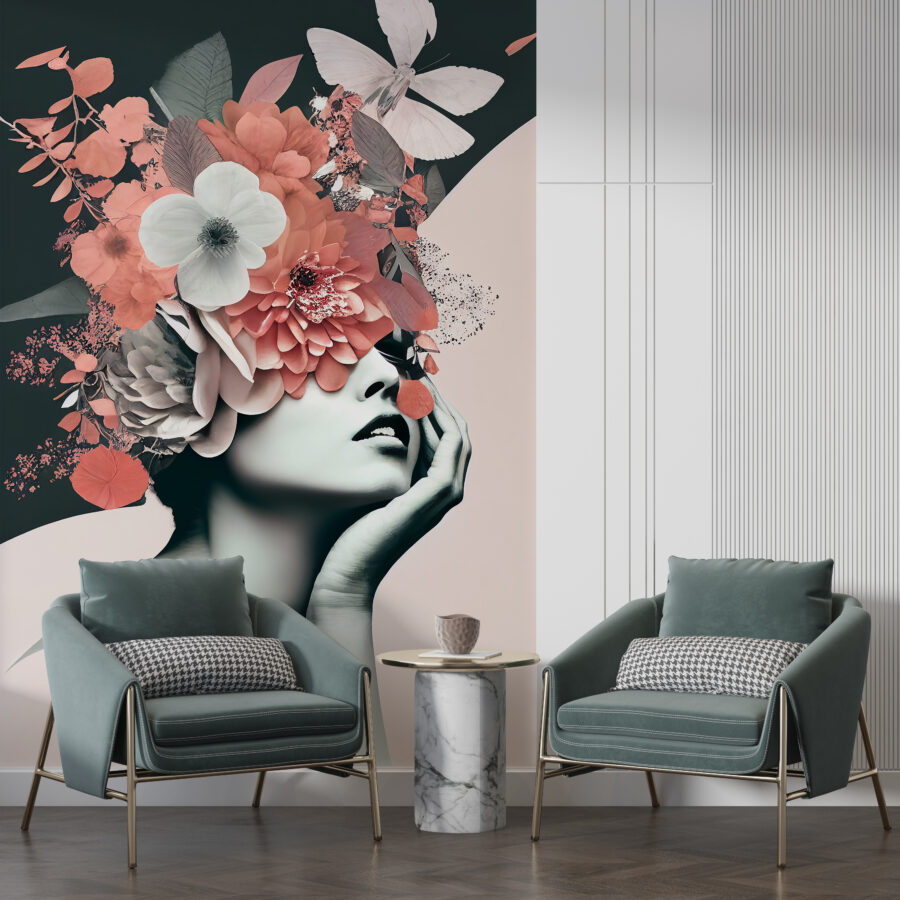 Moderní nástěnná malba s mladou ženou zahalenou v pestrobarevné kytici, ideální do obývacího pokoje Tvář v květech - hlavní obrázek produktu