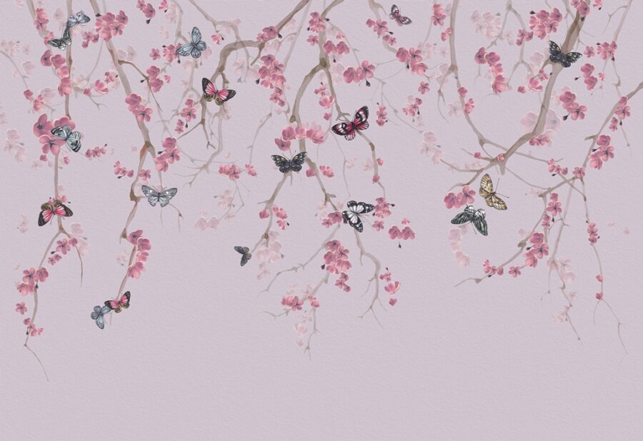 Fototapeta w odcieniach fioletu i różu, motyw kwitnącego drzewa do każdego pomieszczenia Wiosenne Motyle - zdjęcie numer 2