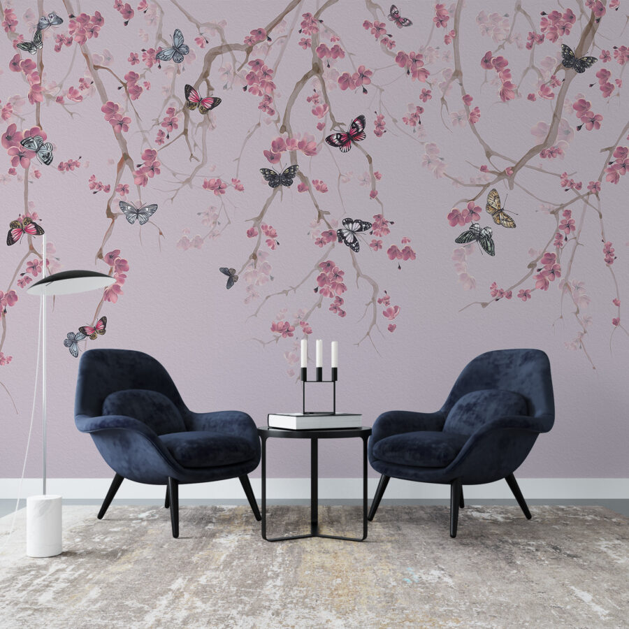 Nástěnná malba v odstínech fialové a růžové, motiv kvetoucího stromu pro každou místnost Jarní motýli - hlavní obrázek produktu