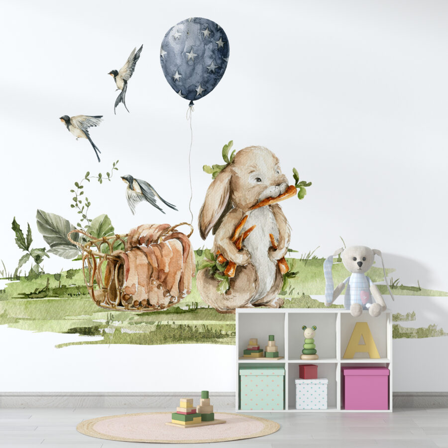 Fototapeta s veselým pohádkovým motivem pro děti Zajíc s balónkem - hlavní obrázek produktu