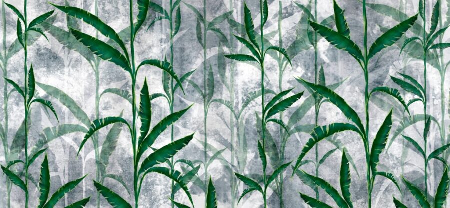 Nástěnná malba s vysokými liánami na šedém nerovnoměrném pozadí Green Stems - obrázek číslo 2