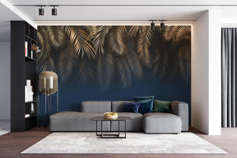 Elegantní nástěnná malba s průzračnou námořnickou modří a tropickými listy Golden Palm - hlavní obrázek produktu