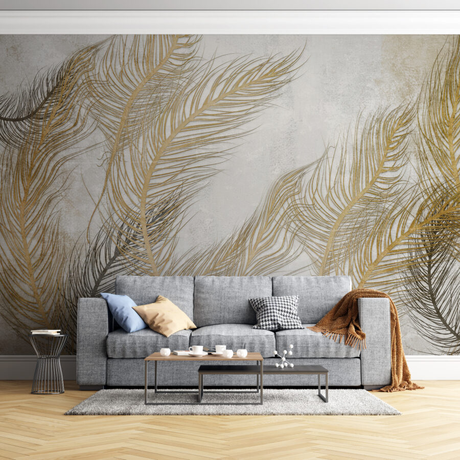 Fototapeta s palmovými listy volně poletujícími ve vzduchu, jemná a elegantní pro každý interiér Zlaté listy ve větru - hlavní obrázek produktu