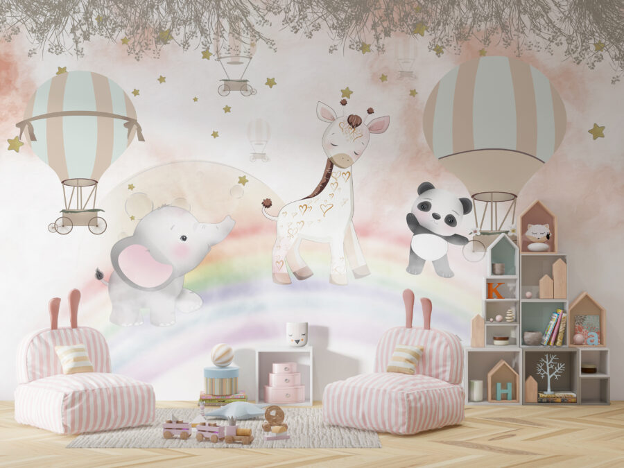 Nástěnná malba v tlumených barvách ideální do dětského pokoje Zvířata na duze - hlavní obrázek produktu