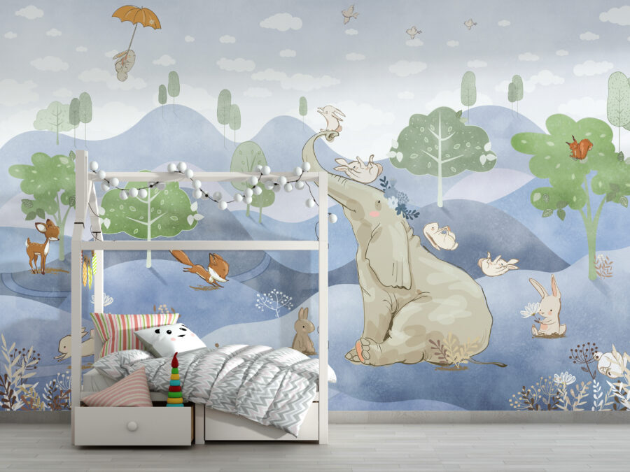 Zvířecí ilustrace ideální pro dětský pokoj Slon v modré barvě - hlavní obrázek produktu