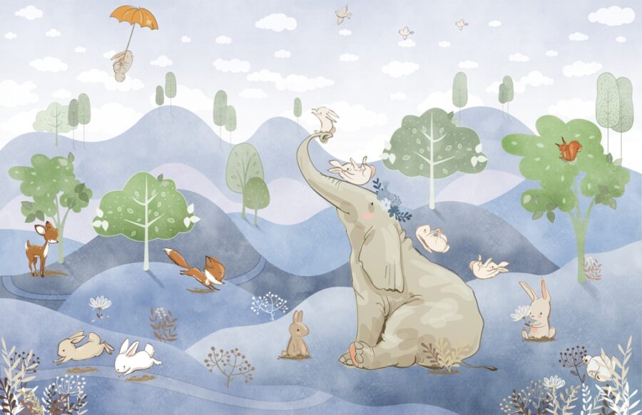 Zvířecí hra ilustrace nástěnná malba ideální pro dětský pokoj Slon v modré - obrázek číslo 2