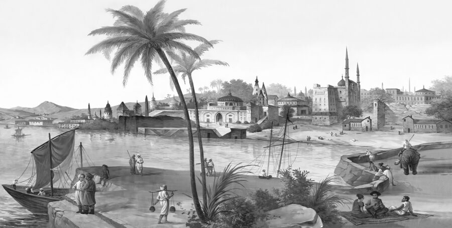 Nástěnná malba v podobě staré rytiny v odstínech šedé barvy Arabské pobřeží - obrázek číslo 2