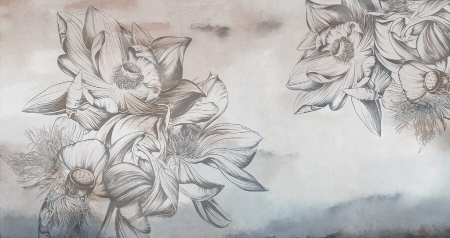 Fototapeta w postaci rysunku odręcznego rozwiniętych kwiatów w ciepłych szarościach i błękitach Duże Kwiaty Na Ścianie - zdjęcie numer 2