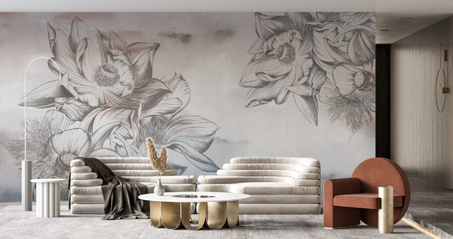 Ručně kreslená nástěnná malba rozvinutých květin v teplých šedých a modrých barvách Velké květiny na zdi - hlavní obrázek produktu