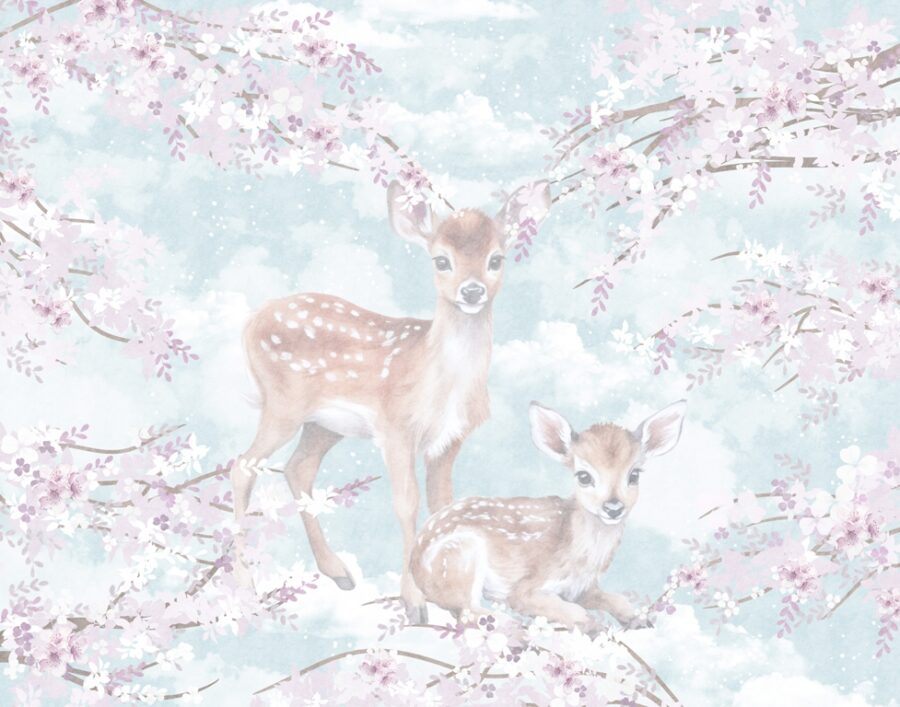 Fototapeta s motivem lesa v jemných pastelových barvách ideální do dětského pokoje Dva jeleni - obrázek číslo 2